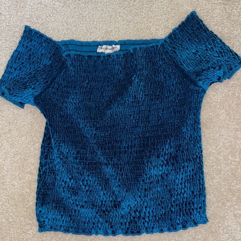 American eagle teal/velvet stretchy off the shoulders crop top